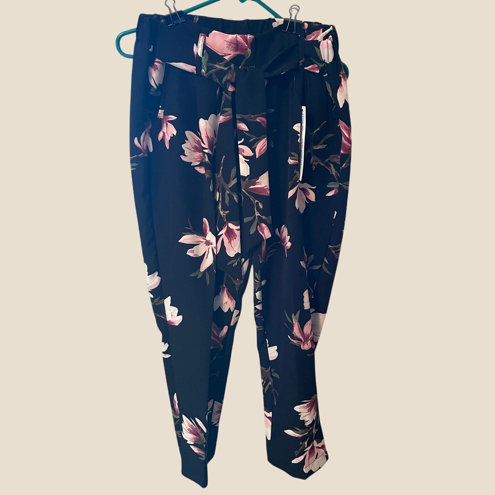 Like an Angel Black Pink Floral Ankle Pants High Waist Tie Belt Tapered XL NWT
